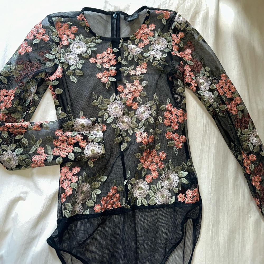 Topshop Black bodysuit long sleeve embroidered flowers on front